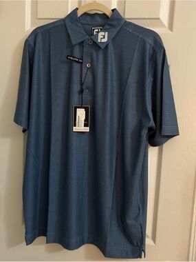 FootJoy Men’s Blue houndstooth Performance Golf Polo moisture wicking, LARGE